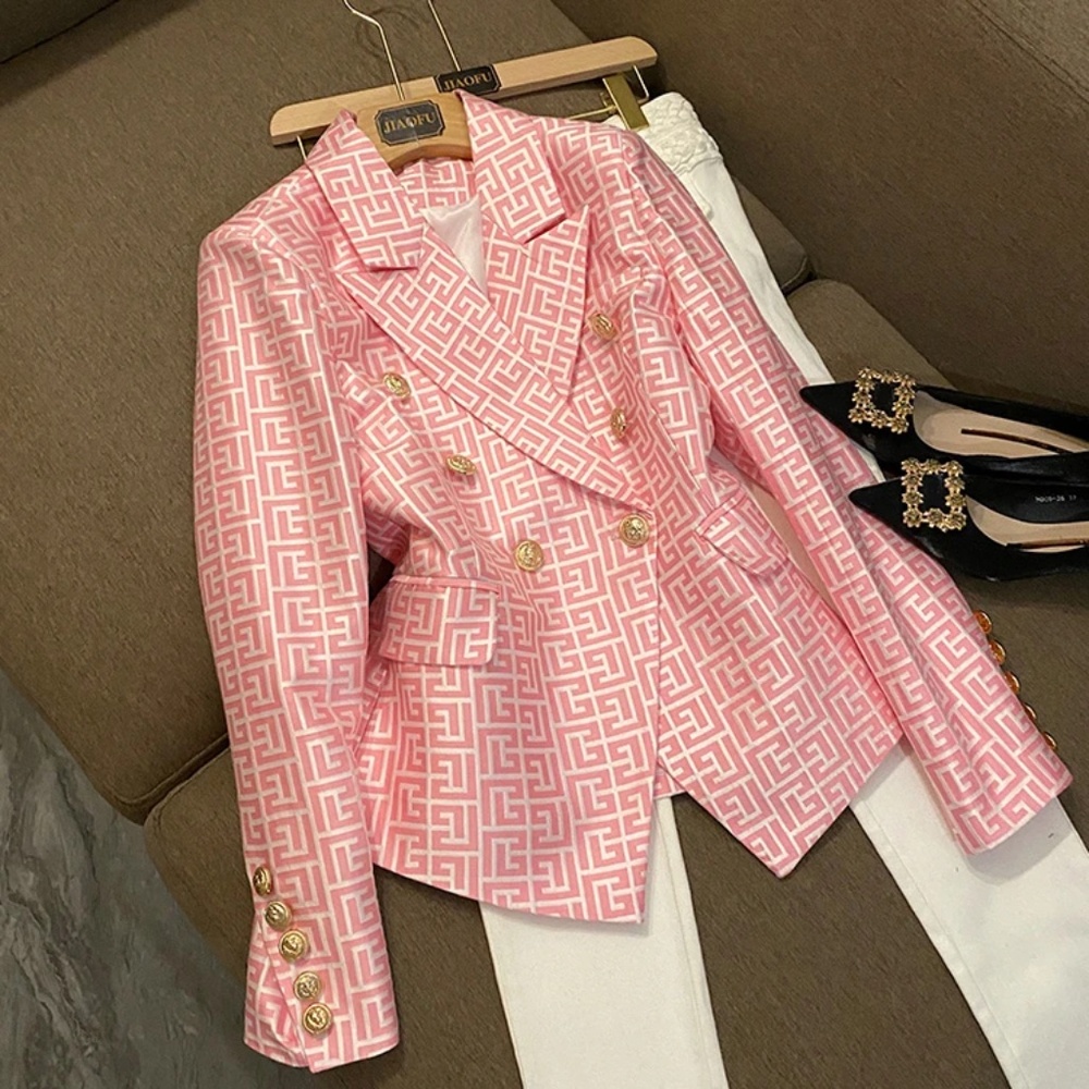 Pink Patterned Double-Breasted Blazer - Picture 7 of 7
